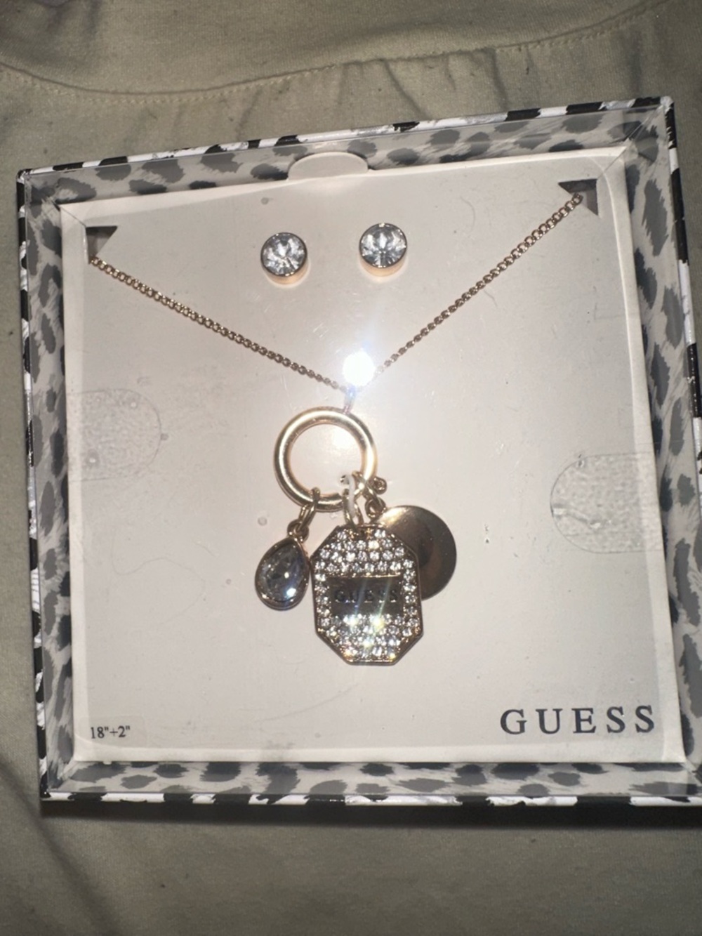 GUESS Gold-Tone Charm Pendant Necklace with Crystal Stud Earrings